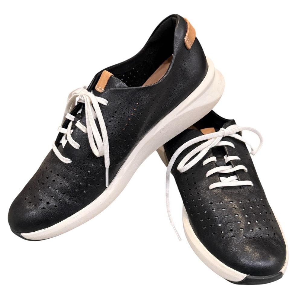 Clarks Shoes Un Rio Tie Women Size‎ 8 Black Leather Casual Comfort Sneaker - Picture 2 of 7